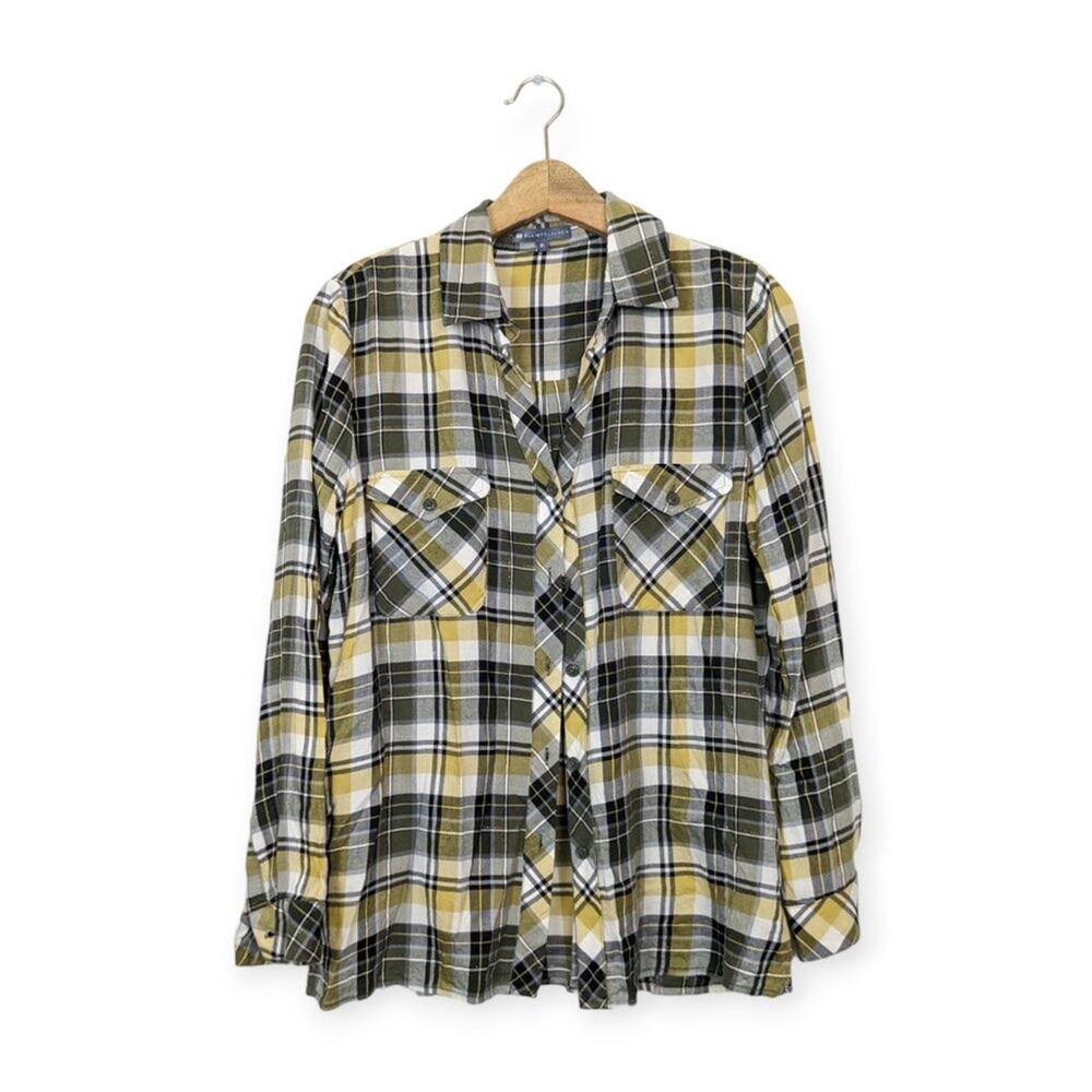 Elliott Lauren Black & White Yellow Plaid Button Down Pocket Shirt